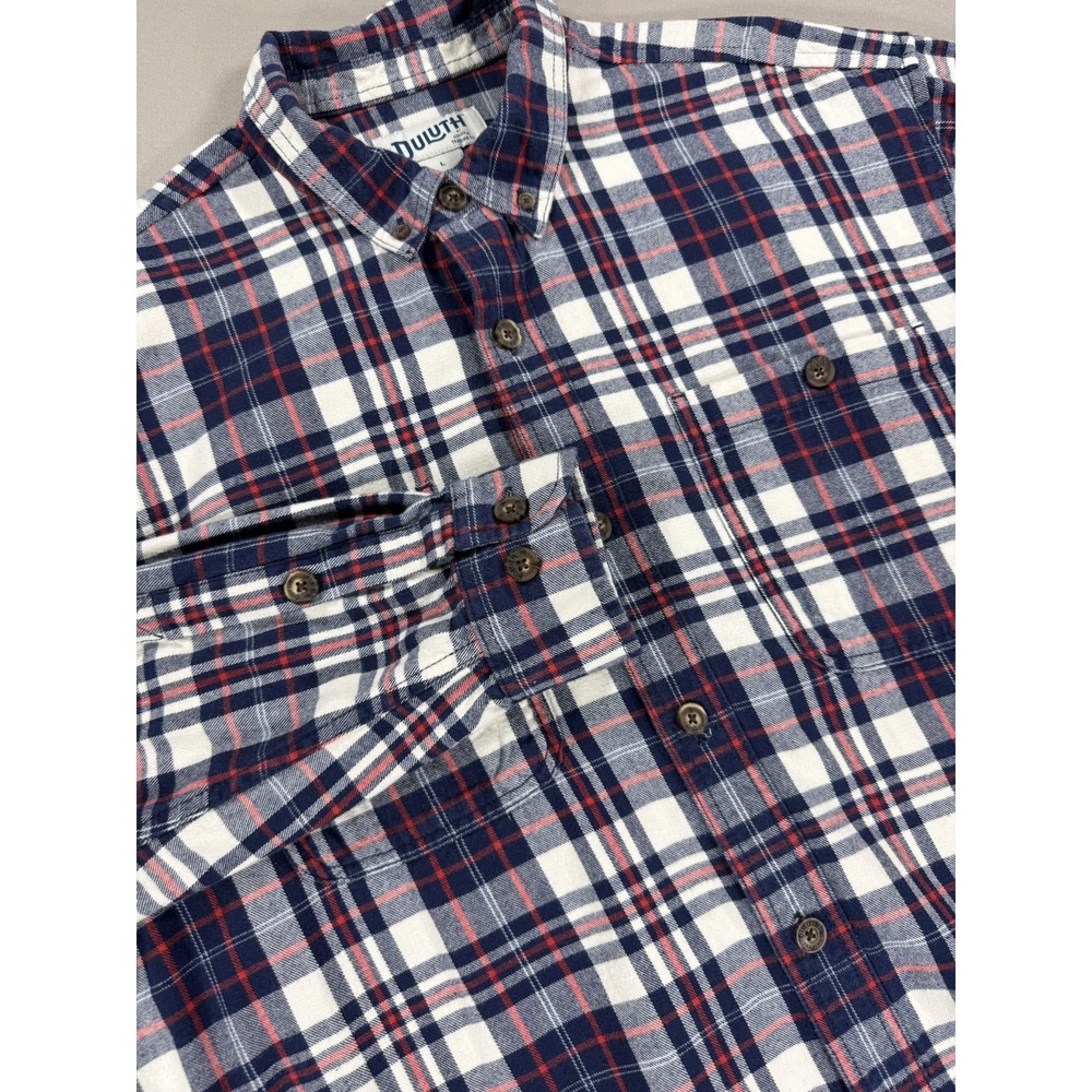 Duluth Shirt Men's Large Red Blue Plaid Relaxed Fit Flannel Long Sleeve Cotton